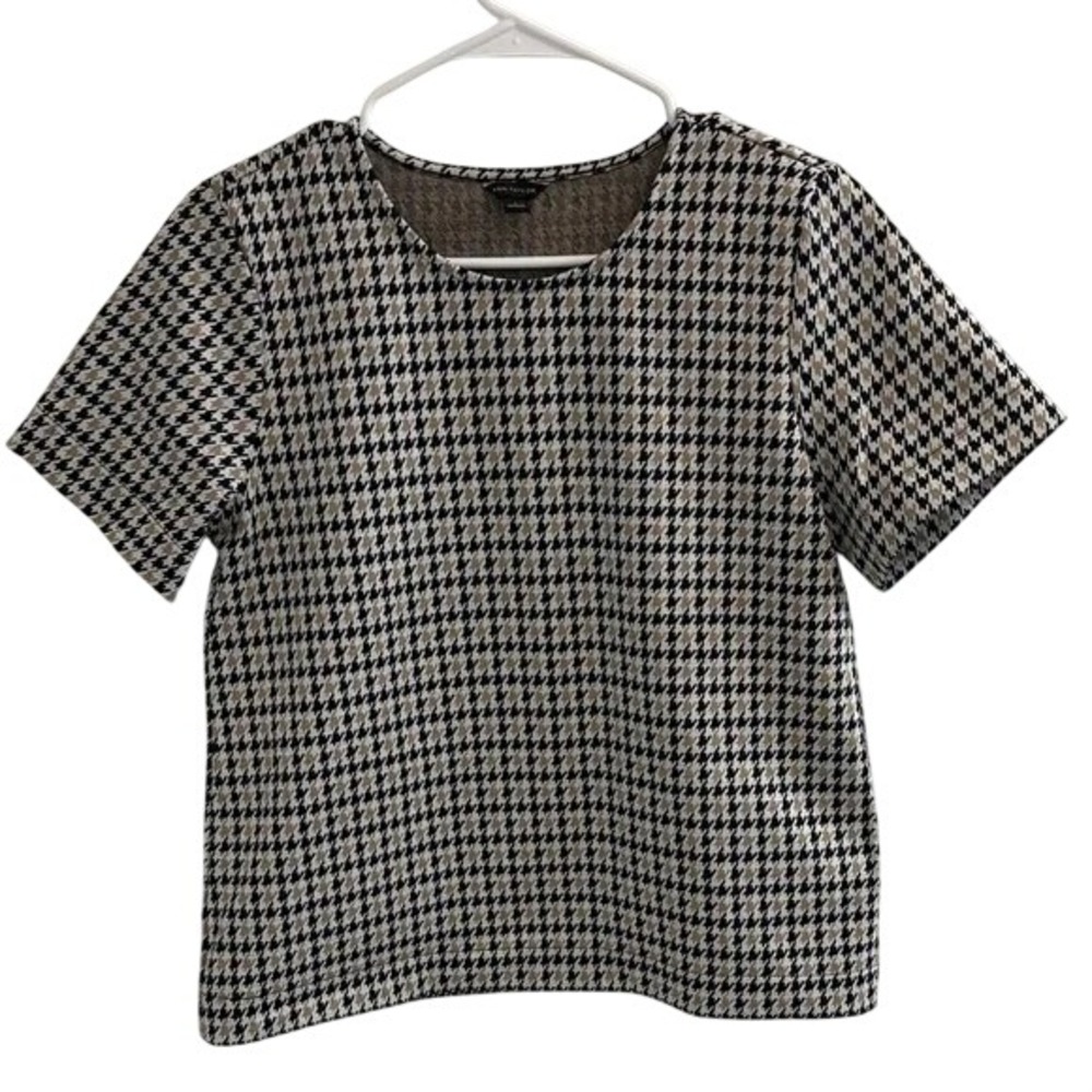 Ann Taylor Houndstooth Knit Top Short Sleeve Black Tan White Crew Neck Small